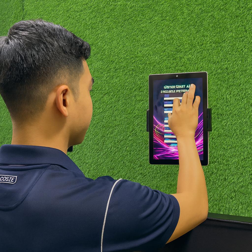 Two people customizing merchandise on tablets using Craft AI at an exhibition stand, with branded mugs and T-shirts displayed in a vibrant, professional setup